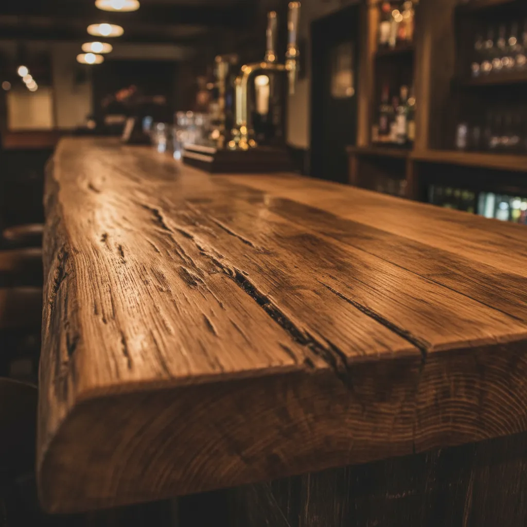 Close up of a textured wooden bar counter with visible wood grain and blurred lights