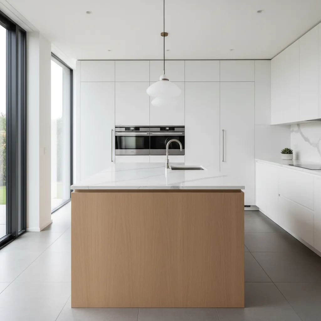 Encimera de cuarzo blanco en una cocina moderna