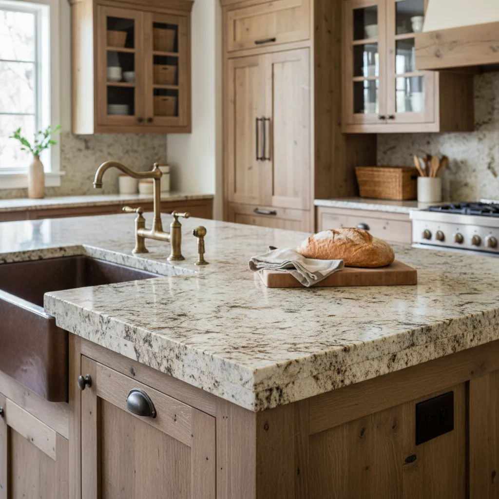 Detalle de encimera de piedra en cocina rural