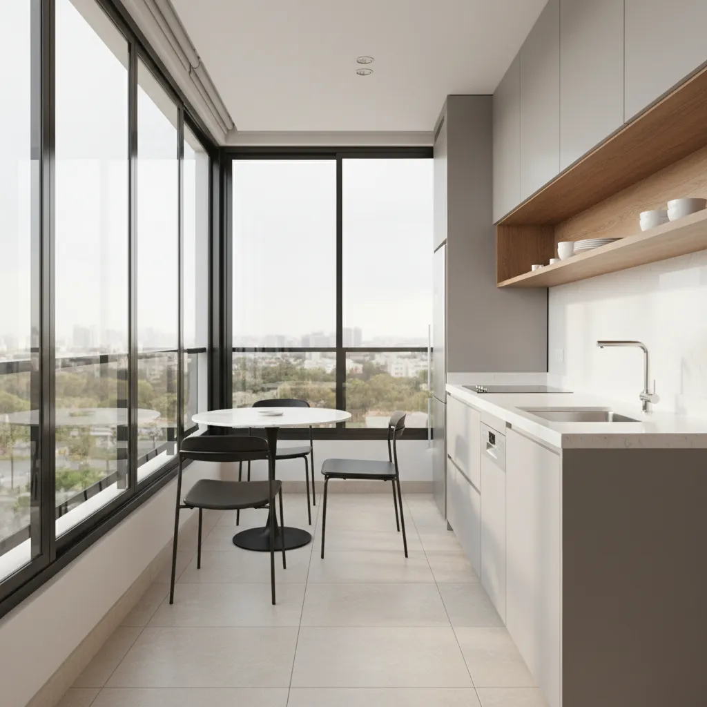 Enclosed balcony kitchen with sliding windows and ventilation