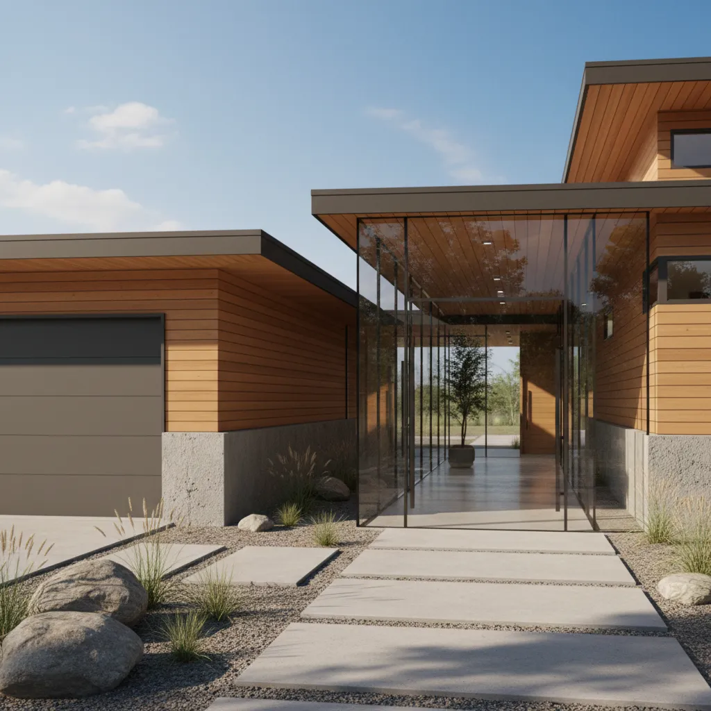 Glass enclosed walkway connecting detached garage and home
