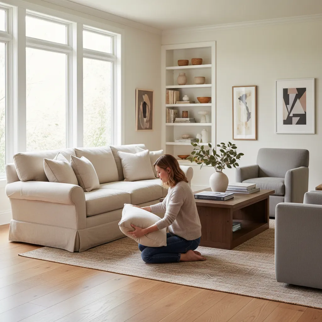 Woman kneeling on rug while holding a pillow near a beige sofa in a bright room