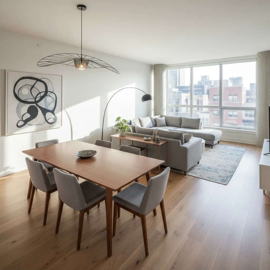 Encuadre diagonal mostrando salón y comedor conectados