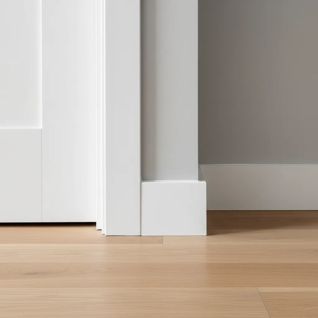 Unión entre rodapié y marco decorado de una puerta interior