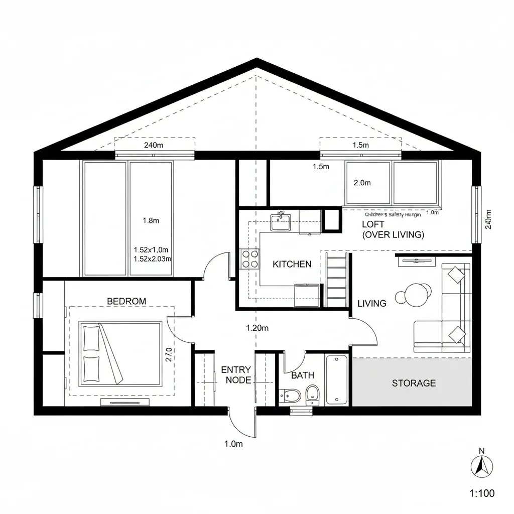 Floor plan of a loft apartment showing the bedroom kitchen living room bathroom and storage area