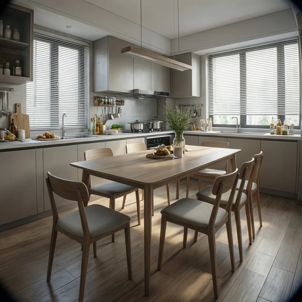 rectangular kitchen table with seating at the ends