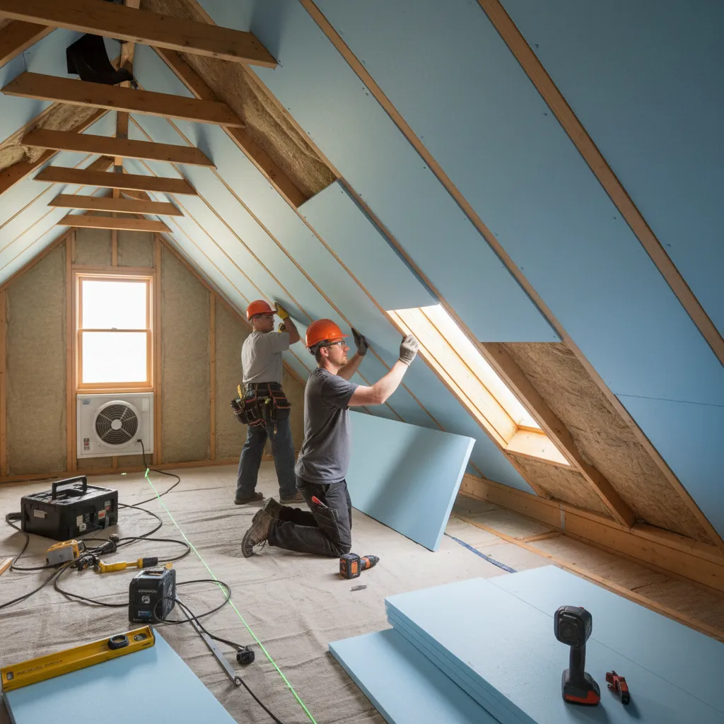 Technician installing insulation and energy efficient upgrades in a home attic