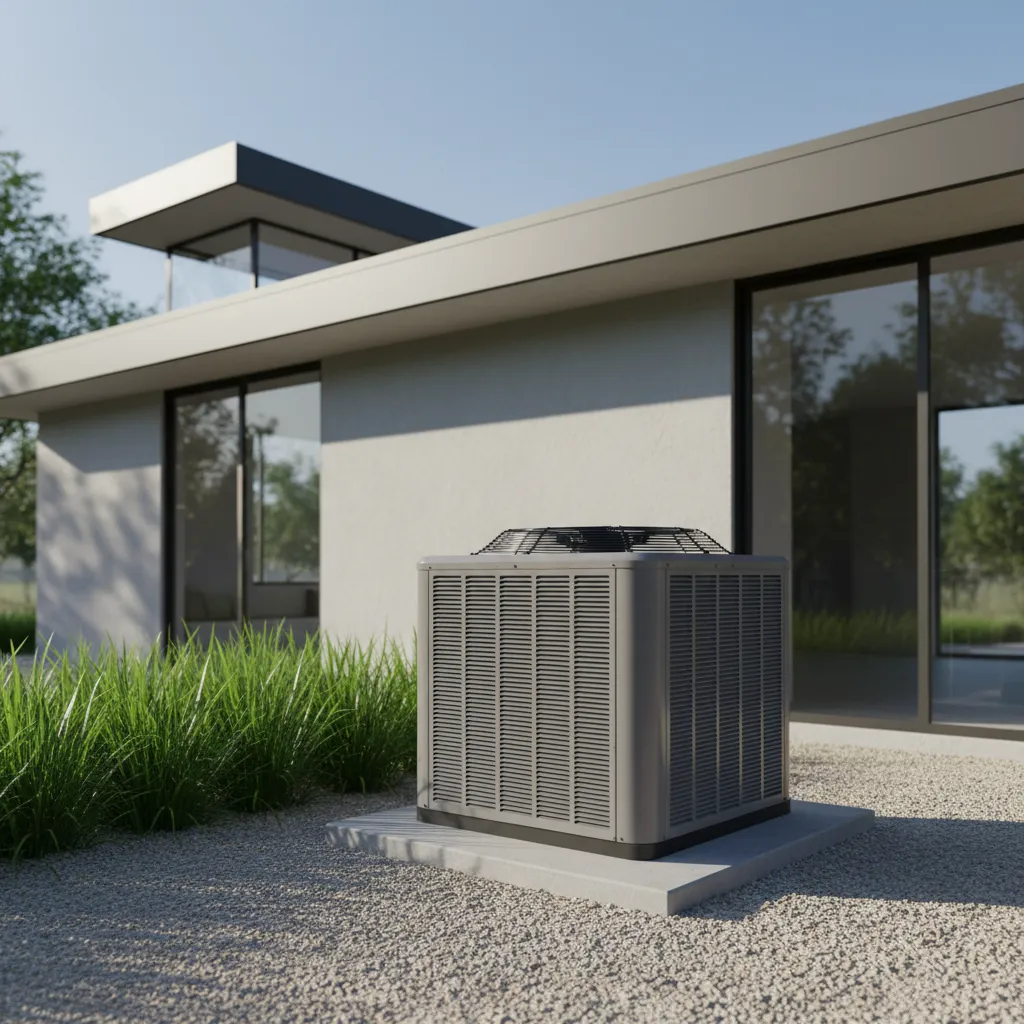Modern high efficiency central air conditioning condenser outside home