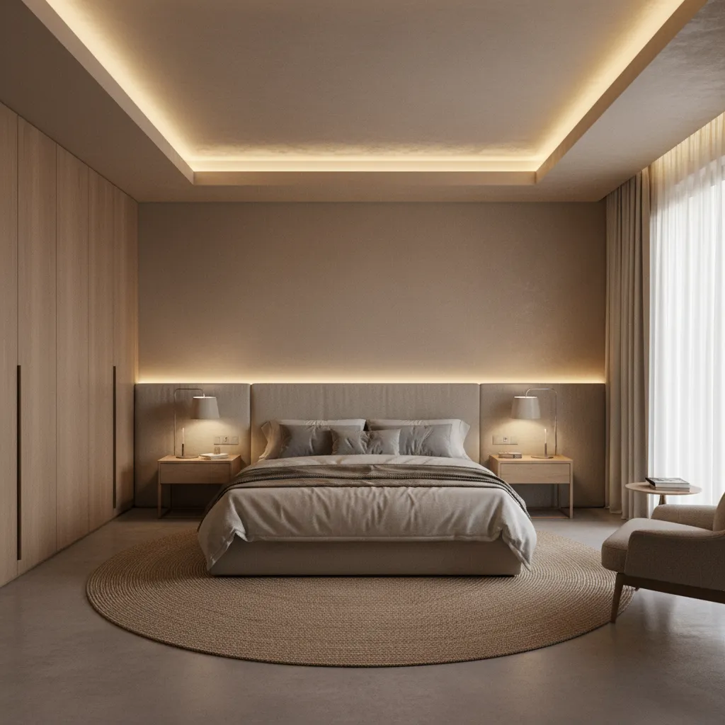 Bedroom lighting layout showing indirect LED strips bedside lights and ceiling illumination