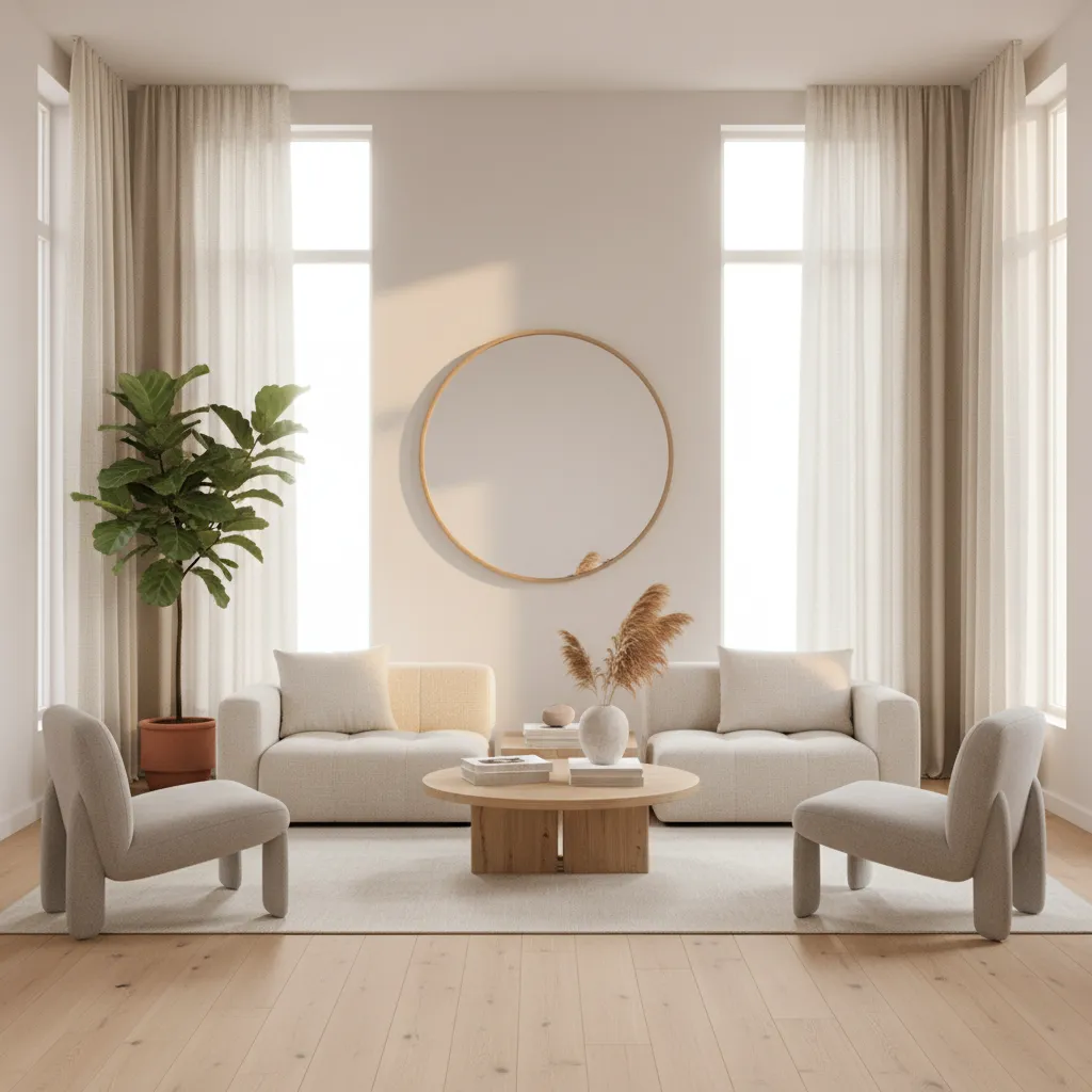 living room using natural light mirrors and thermal curtains for energy efficiency