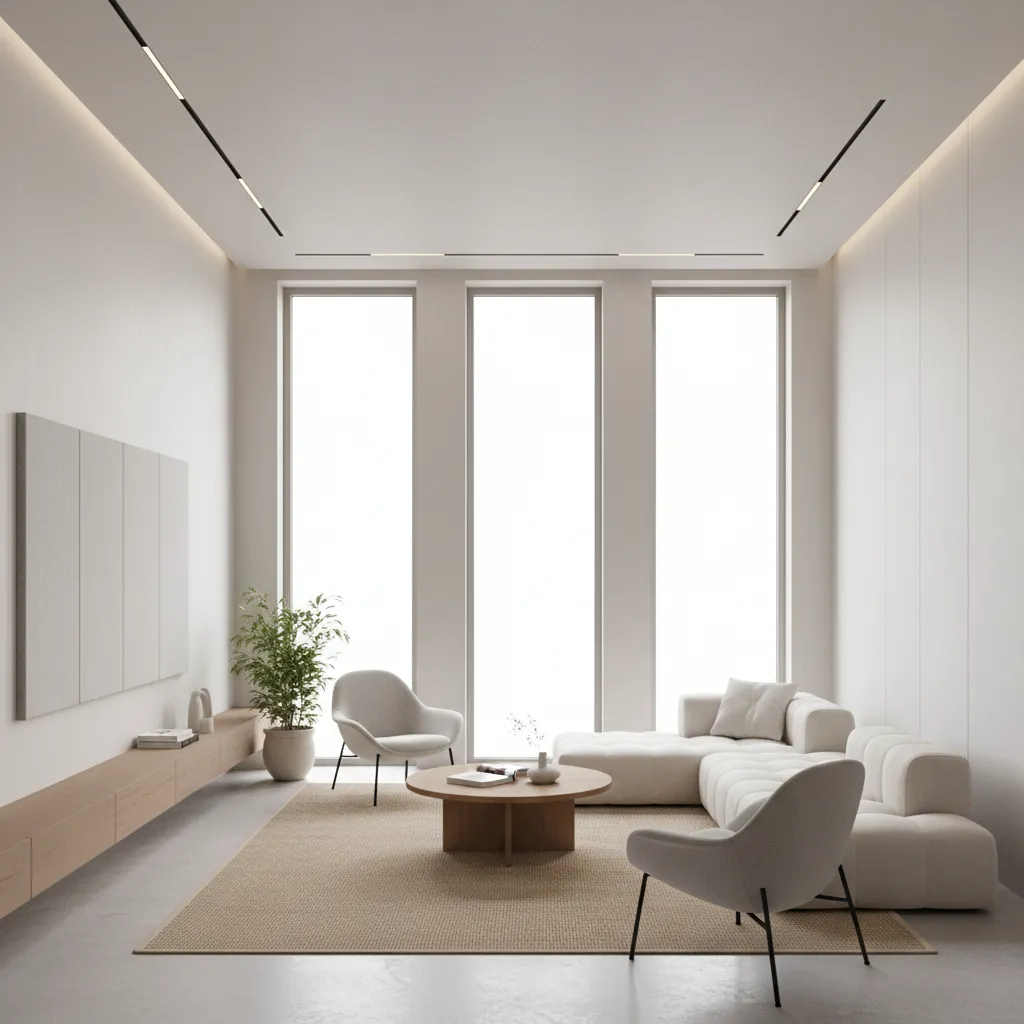 bright energy efficient modern living room with large windows and natural light