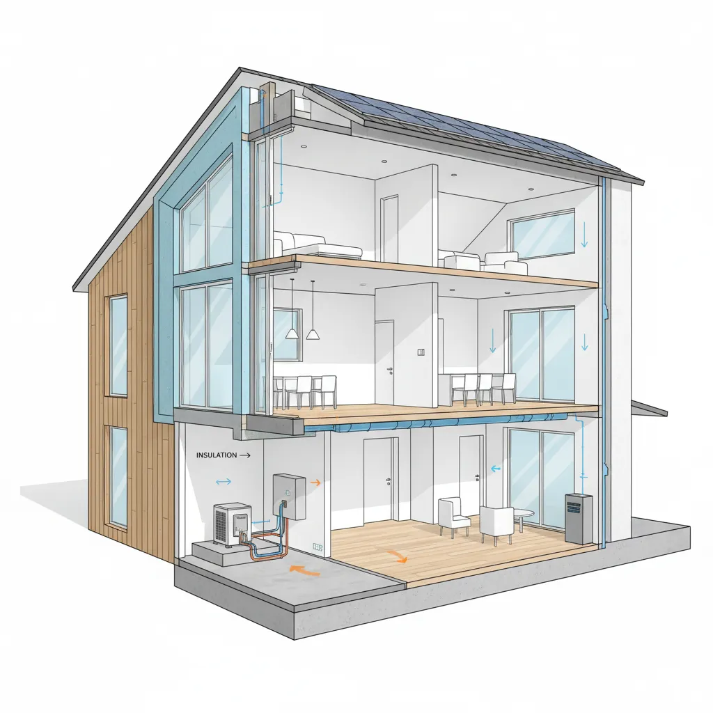 Energy efficient modern house with insulated walls and large efficient windows