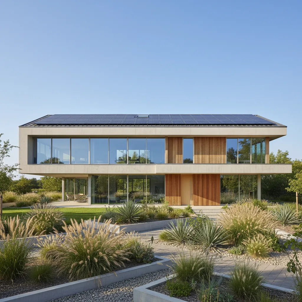 Modern house with solar panels and energy efficient windows