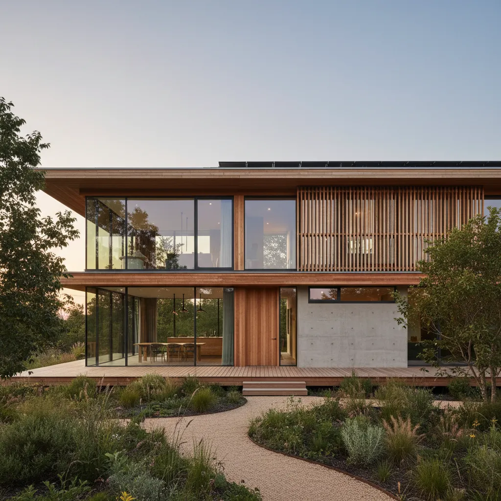 Modern two story home featuring large glass windows wood siding and green front garden landscape