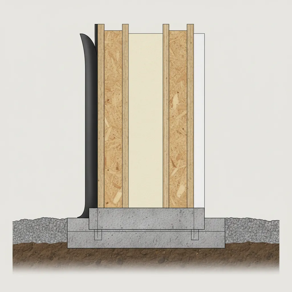 Cross section visualization of insulated SIP basement wall system