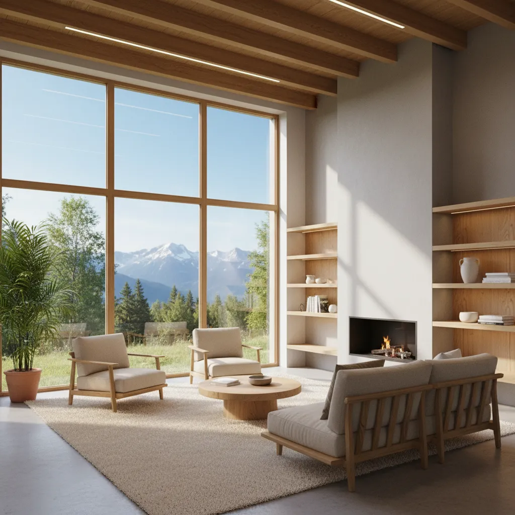 energy efficient small home interior with large windows and modern insulation features