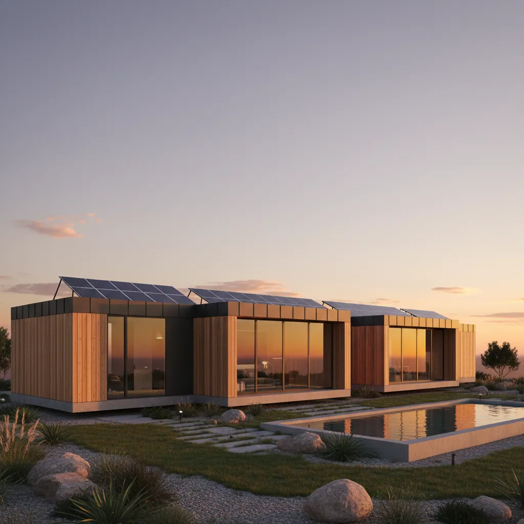 energy efficient compact modular home with solar panels and modern design