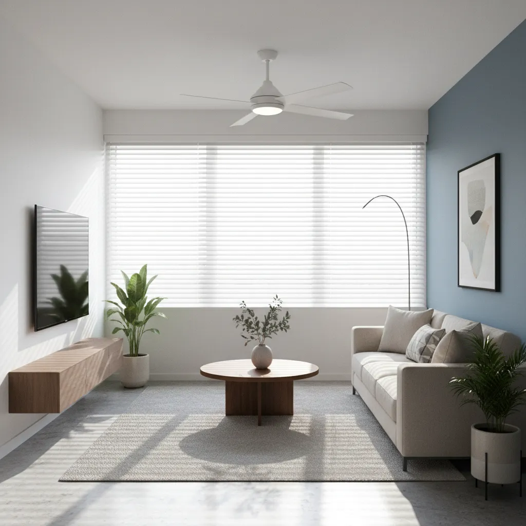 small home living room with ceiling fan and shaded windows improving cooling efficiency