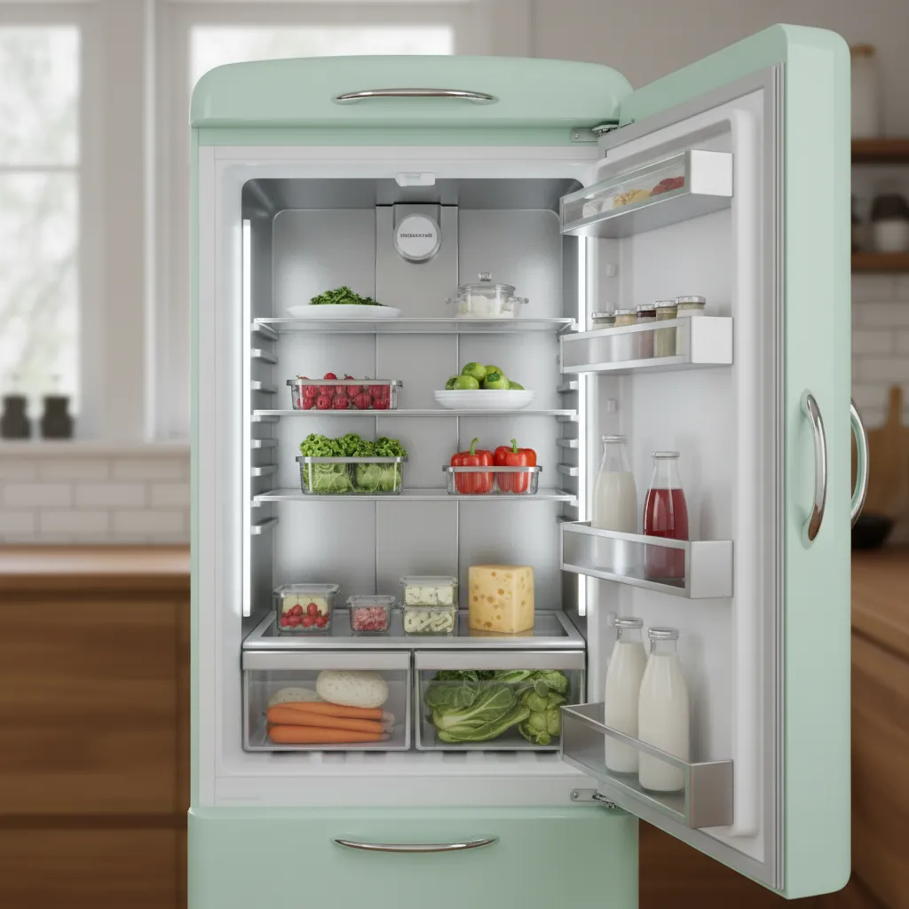 Open retro refrigerator showing modern interior compartments
