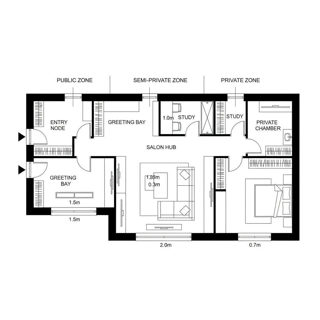 Top-down CAD plan of linear enfilade from entry to private chamber