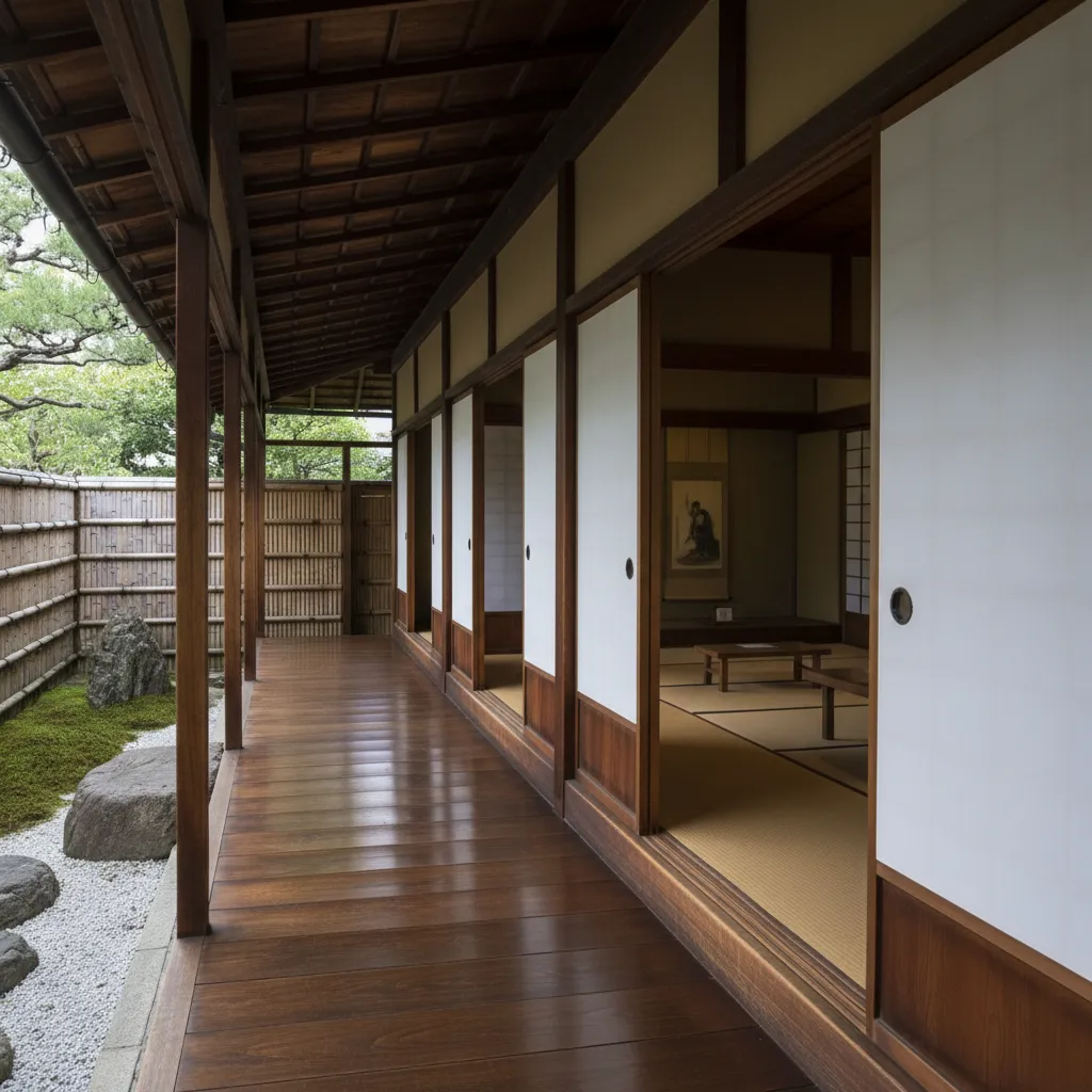 Pasillo engawa conectando interior y jardín japonés