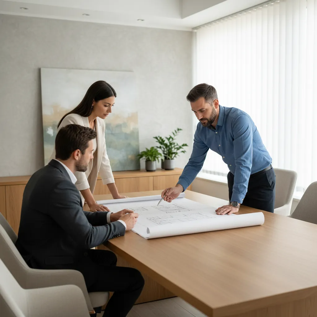 engenheiro mostrando projeto de casa para cliente em escritório