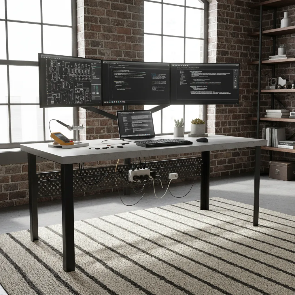 engineer desk with multiple monitors and organized cables