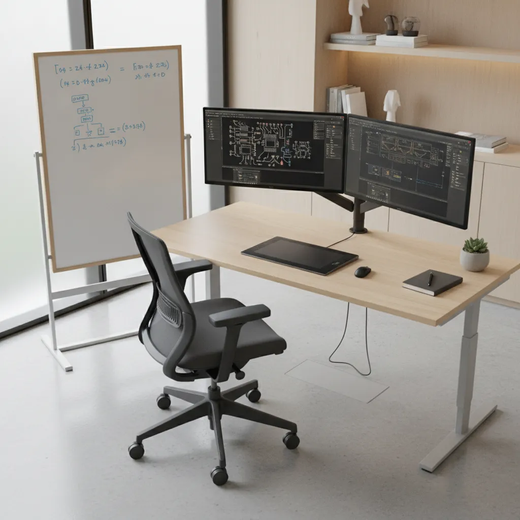 Optimized engineering desk layout with dual screens and whiteboard nearby