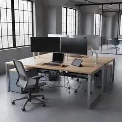 Modern office workspace with wooden desks and dual monitors showing cables managed under the desks