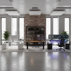 Three different office design styles shown together with white industrial brick and dark computer desks
