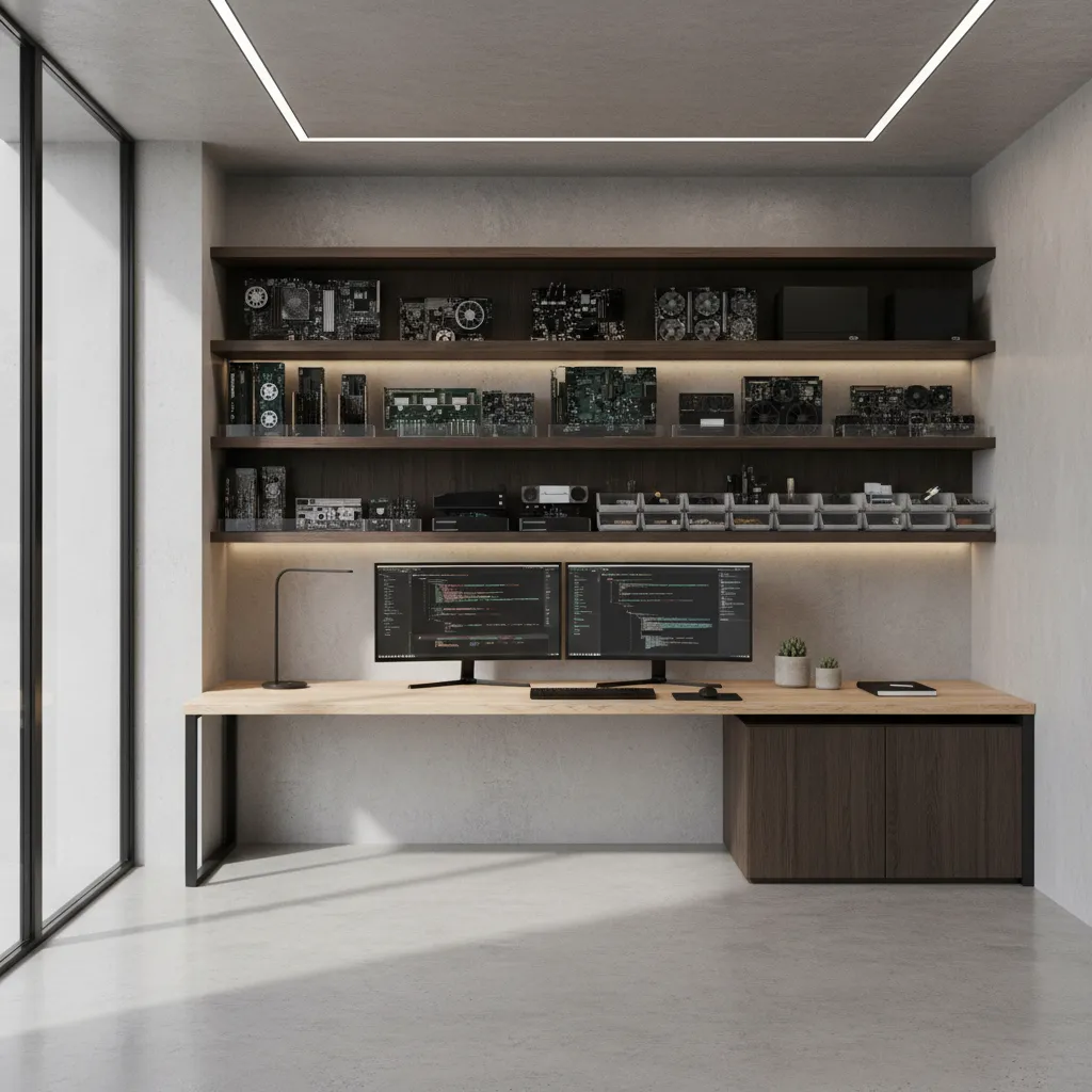 engineer office with shelves displaying hardware and clean desk workspace