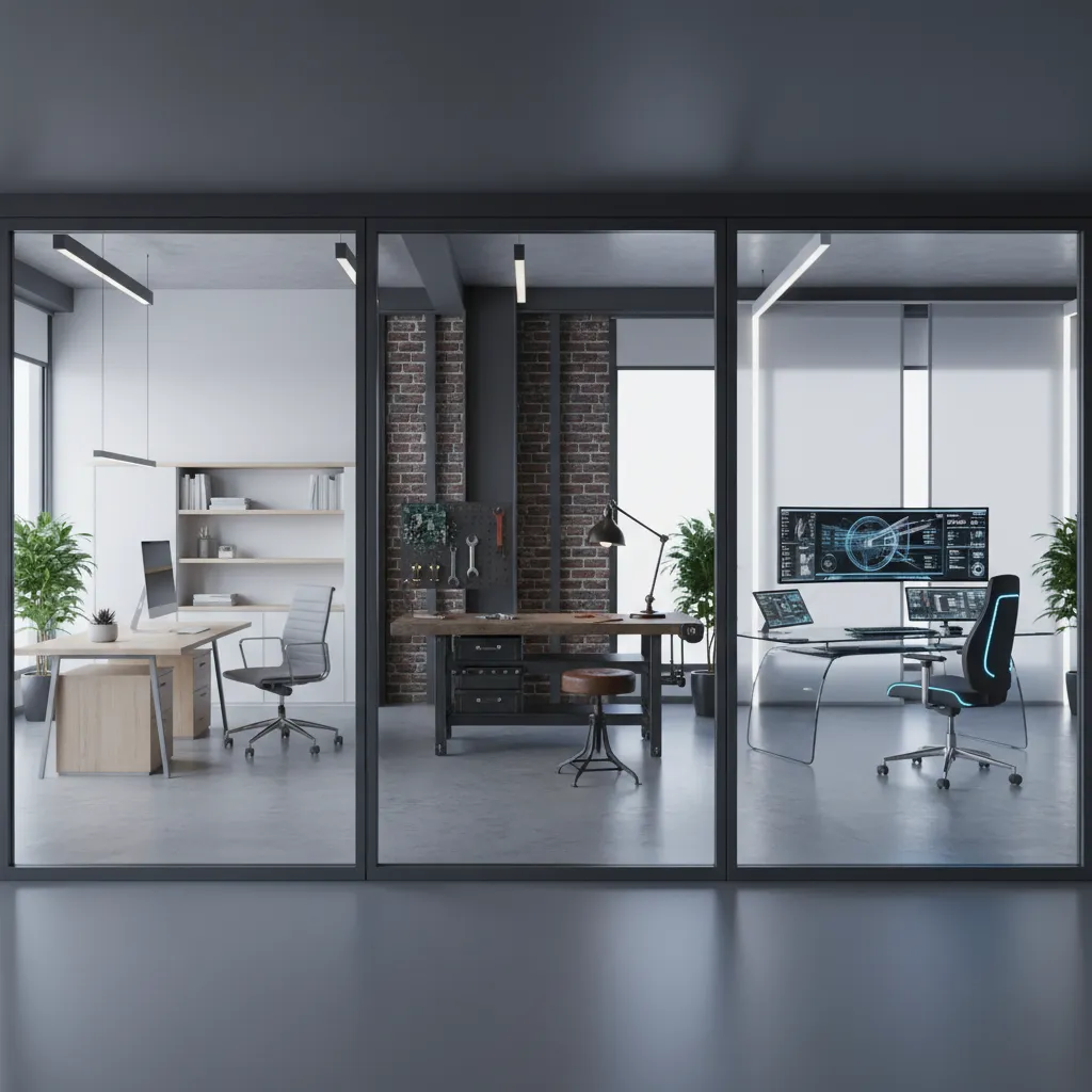 visual comparison layout of minimalist industrial and tech engineer office styles