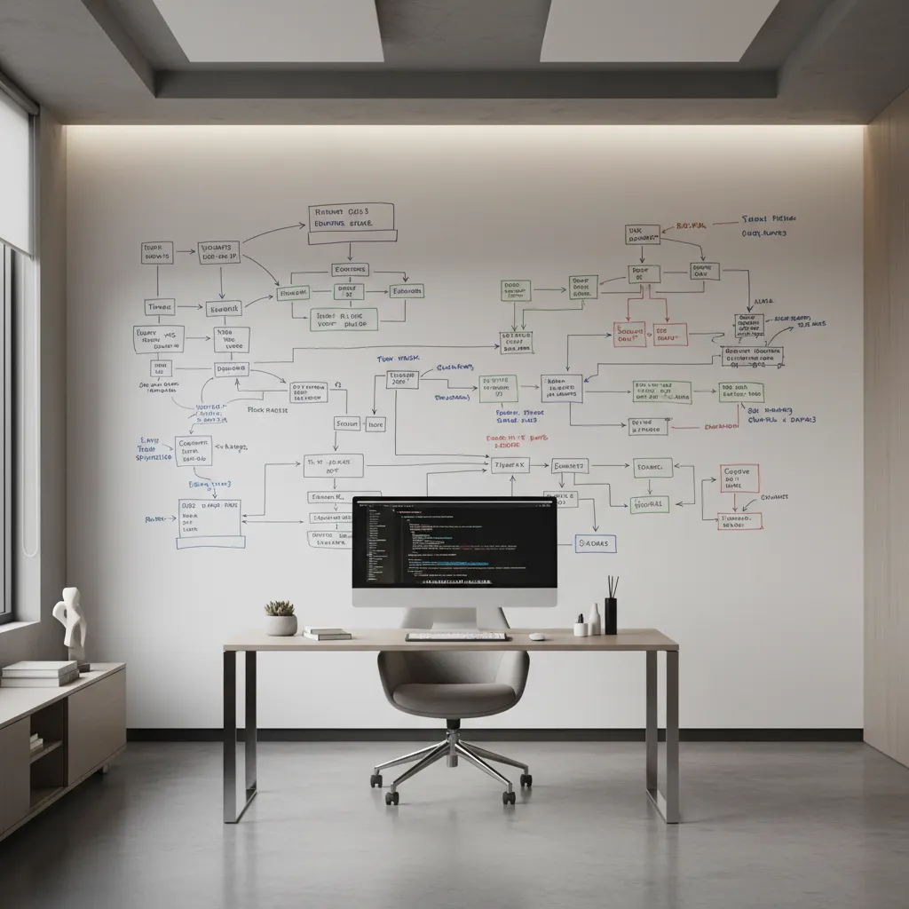 Engineering office with large whiteboard wall used for diagrams and system architecture planning