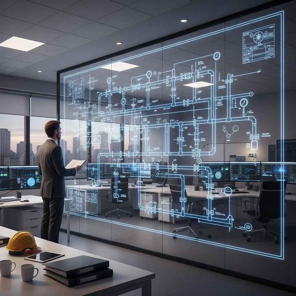 Engineer reviewing piping and instrumentation diagram on large screen