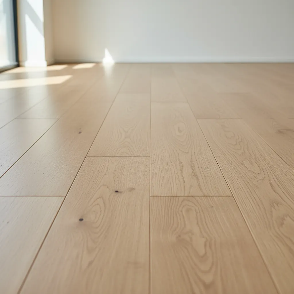 Engineered hardwood floor plank seams showing slight expansion gap
