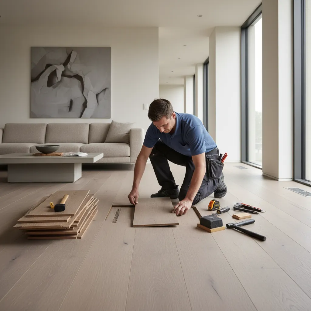 professional replacing damaged engineered hardwood floor plank
