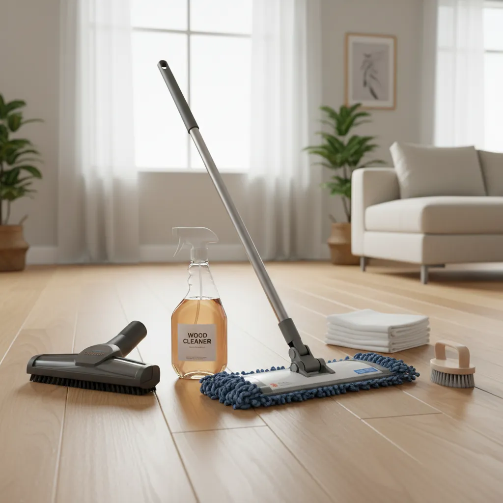 collection of microfiber mop, spray cleaner, and vacuum attachment for hardwood floors