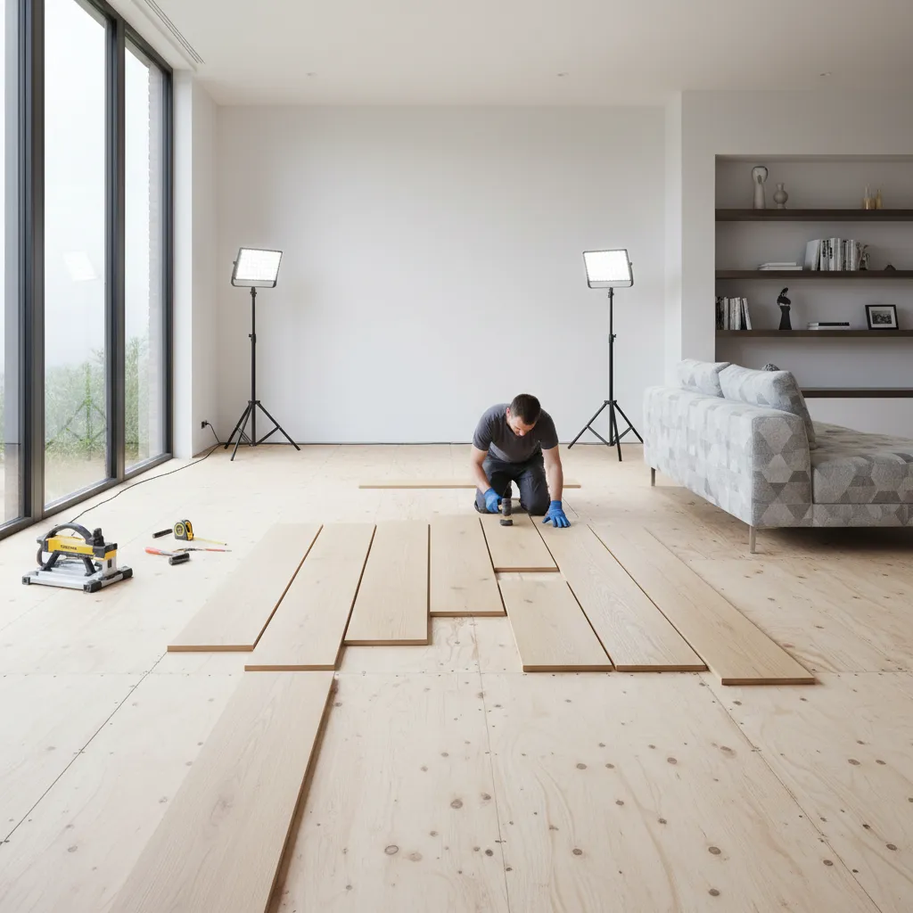 engineered hardwood flooring planks being installed in modern home
