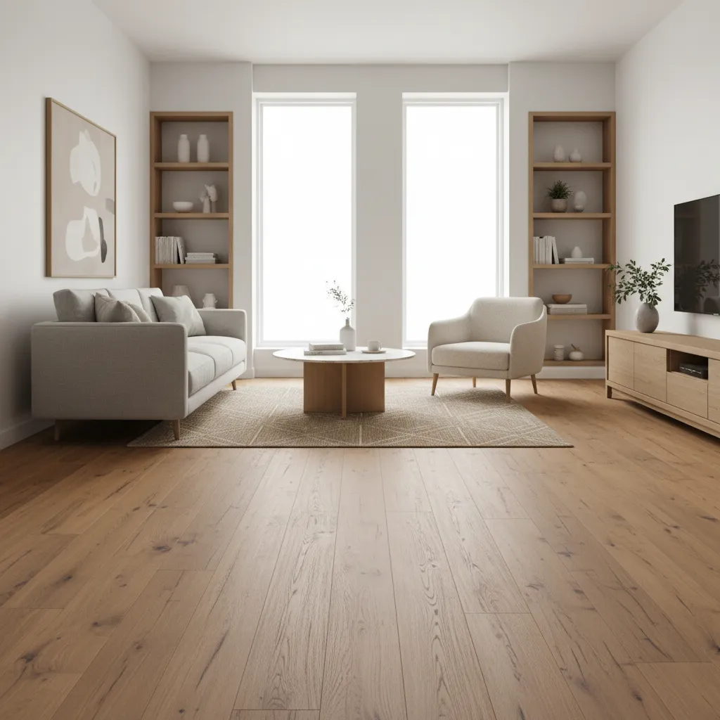 Modern living room with engineered hardwood flooring