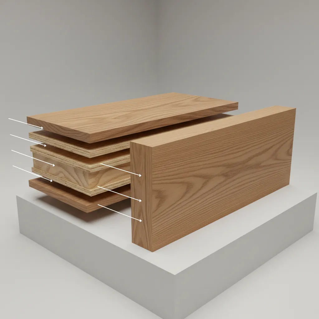 cutaway view comparing engineered hardwood layers and solid hardwood plank