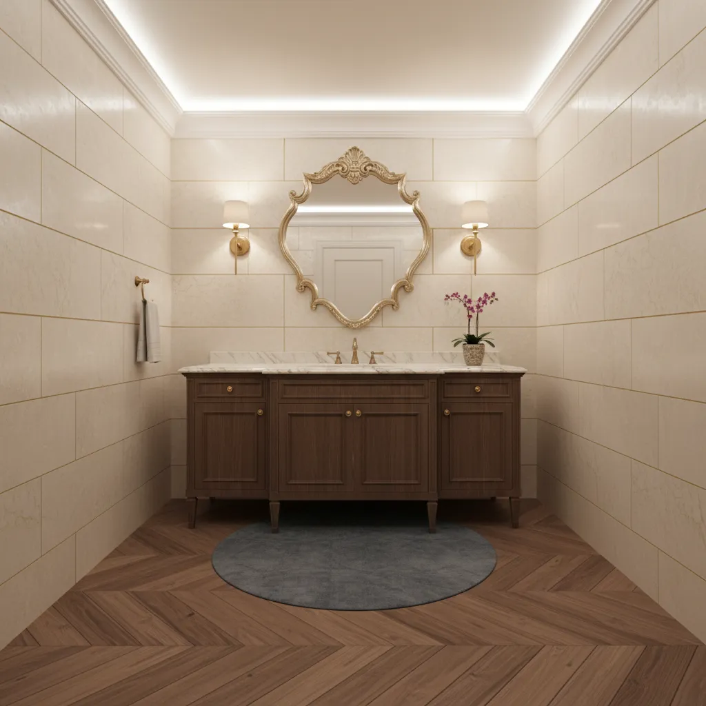 Small powder room featuring engineered wood floating floor