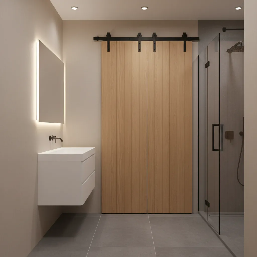 engineered wood bifold barn door with stable panel construction