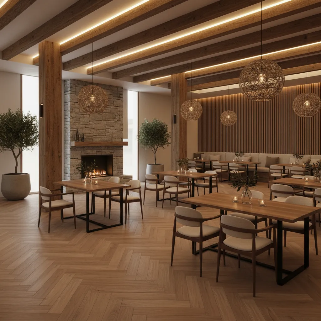 Modern restaurant with wood floors stone fireplace wooden tables and chairs under round ceiling lights