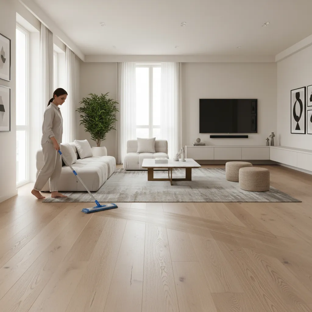 microfiber dust mop cleaning engineered hardwood floor in bright living room