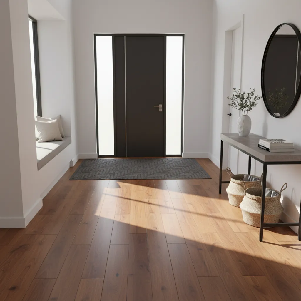 Engineered hardwood floor near entryway showing moisture risk zones