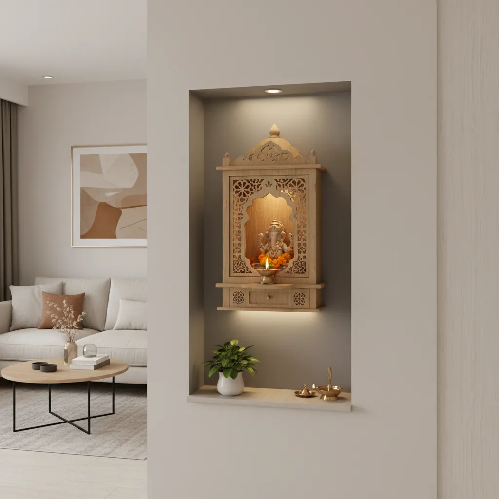 Compact wall mounted MDF pooja mandir design suitable for small apartments
