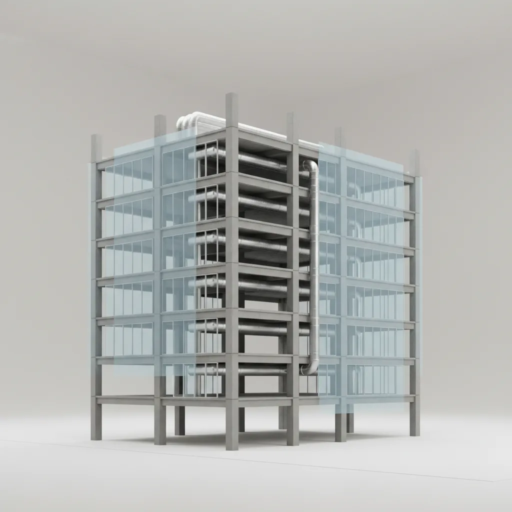 3D building model showing structural and mechanical systems layers