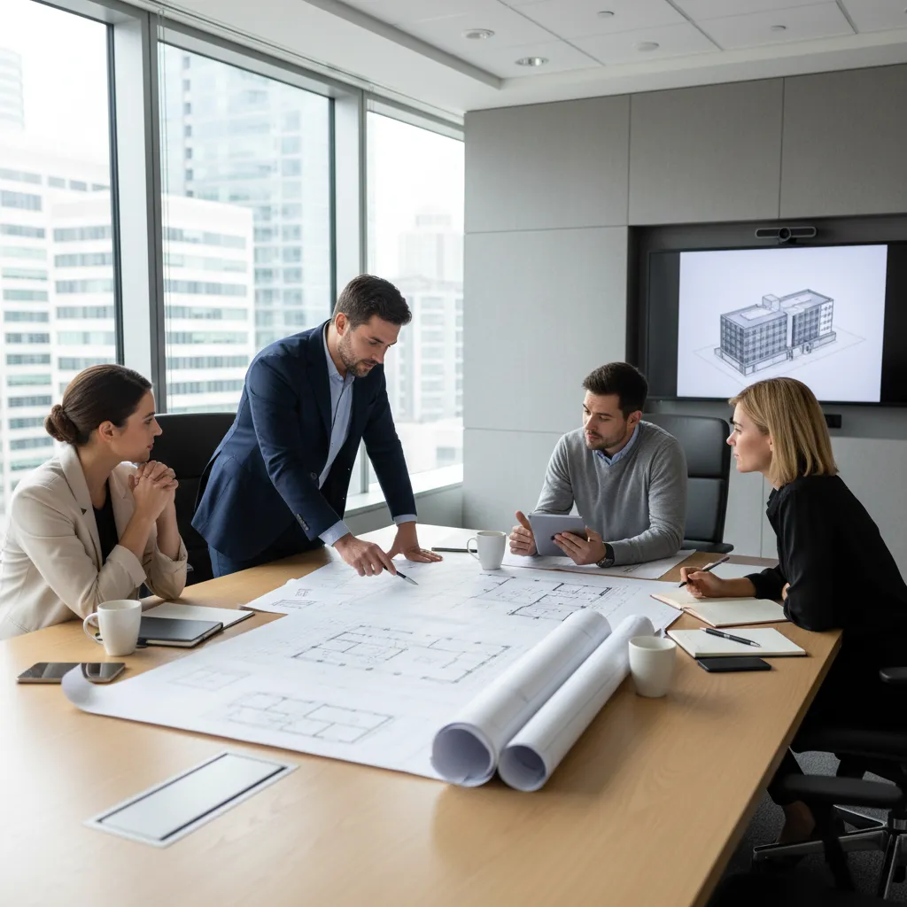 client and engineers reviewing layout plans together