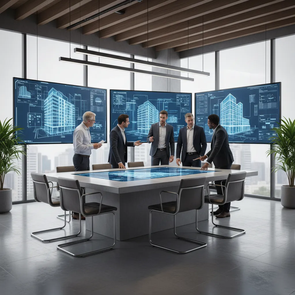 Engineering consultants reviewing construction design plans on digital screens