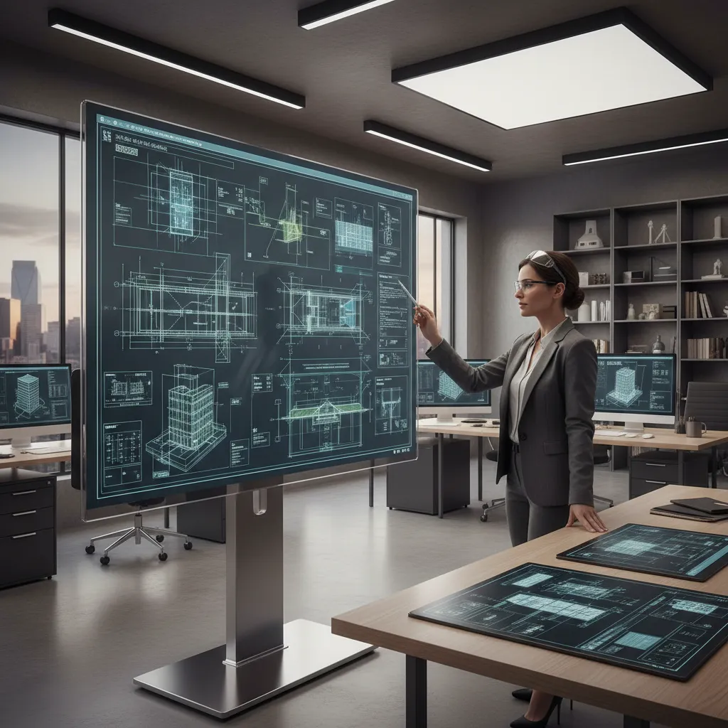 engineer reviewing detailed construction drawings on large screen